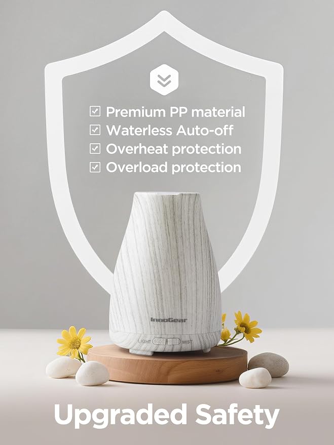 InnoGear Essential Oil Diffuser Ultrasonic Diffusers for Home, White Grey | Cool Mist Humidifier, Aromatherapy, Large Room, Run up to 8hrs, Waterless Auto Off, 7 Lights, Living Room, Quiet Operation