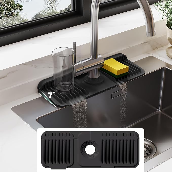 24 Inch Silicone Faucet Mat for Kitchen Sink Splash Guard - 7° Slope Water Draining Mat With Fasten Button for Bathroom Area (Black, 14.6''x5.5'')