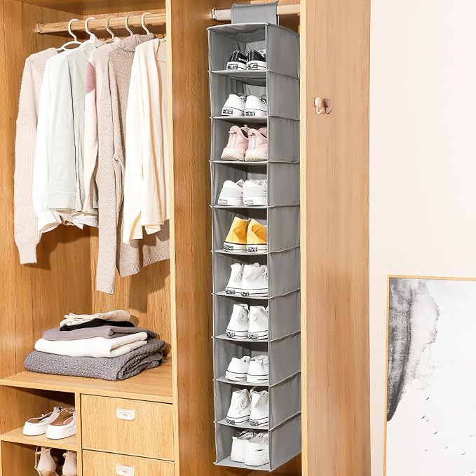 HomeBeyond 10 Shelf Hanging Closet Organizer, Grey Storage Shelves for Clothes, Shoes, and Accessories, Space Saving Closet Storage Solution