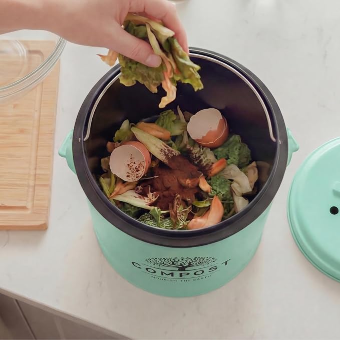 Perfnique Kitchen Compost Bin, 1.3 Gallon Countertop Compost Bin with Lid, Indoor Compost Bucket Includes Inner Bucket Liner and Carbon Filter, Small Compost Bin with Trash Bags (with Bags, Mint)