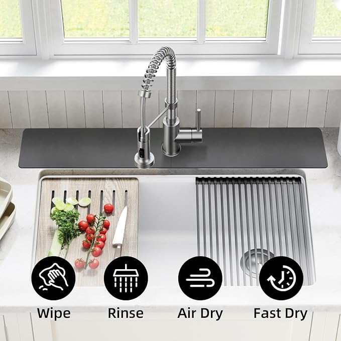 LOPNUR Faucet Mat for Kitchen Sink Cuttable, 29 Inch Extra Long Sink Splash Guard Behind Faucet, Super Absorbent Diatomite Sink Protector Mat, Bathroom Water Splash Guard Fast Dry, Easy to Cut, Grey