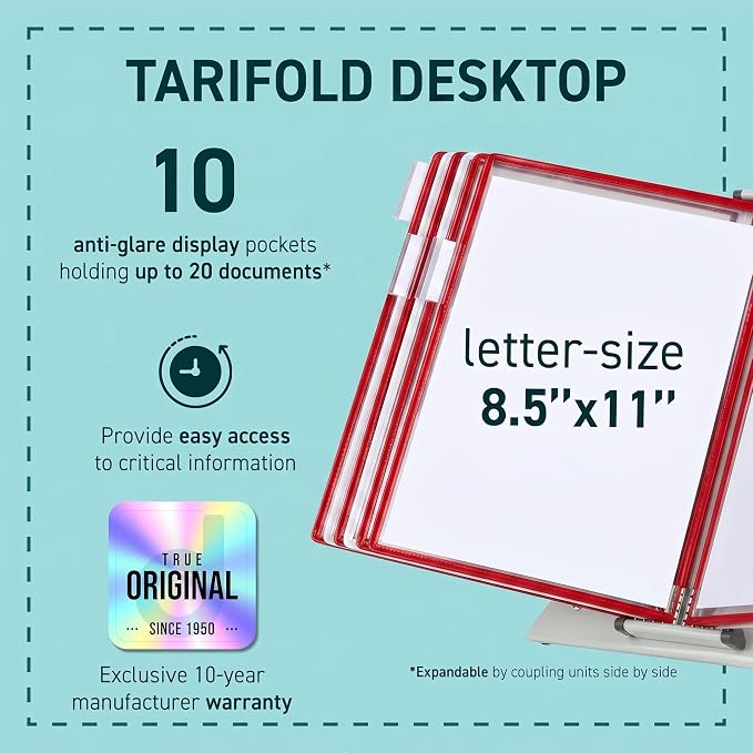 Tarifold Desktop Reference Display System, 10 Pockets, Expandable, Red | 10 double-sided PVC pockets hold 20 letter-size sheets, sturdy metal base, quick-find indexing, easy to assemble