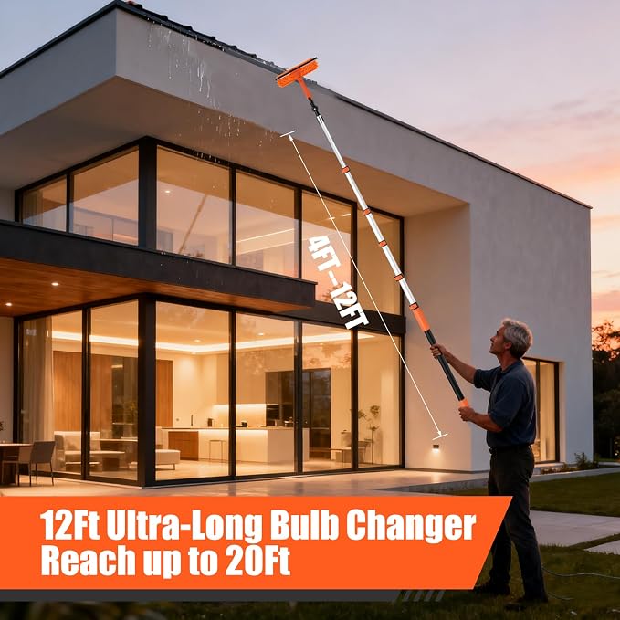 20FT Light Bulb Changer for High Ceilings Kit with Extension Pole Orange | Telescoping Lightbulb Changing Pole,Cobweb Brush Extendable Duster,Ceiling Fan Cleaner and Window Squeegee Cleaning
