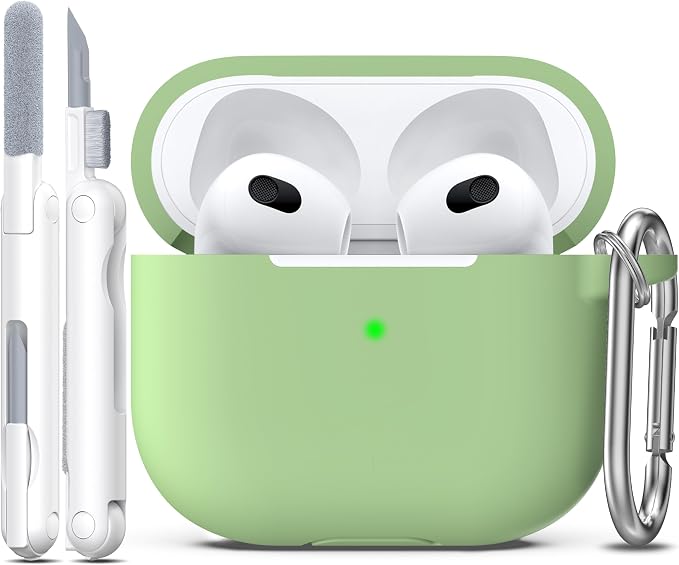 R-fun Compatible with AirPods 3 Case Cover, Silicone Protective Accessories Skin with Keychain Compatible with Apple AirPod 3rd Generation 2021 for Women Men Girls Boys,Front LED Visible,Avocado