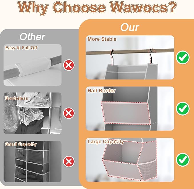 Closet Hanging Organizer with Pockets, 3 Shelf Hanging Clothes Organizers | Kids Closet Organizers and Storage for Clothes Fabric Hanging Storage Bins for Wardrobe Closet Organization and Storage, Grey