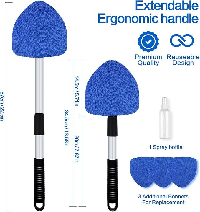 Windshield Cleaner Tool 22.5" L - Car Interior&Exterior Window Cleaning Kit with Extendable Handle&4 Microfiber Pads and Thick Large Wash Sponge, Auto Glass Wiper Brush Kit for Cars Home (7pcs Blue)