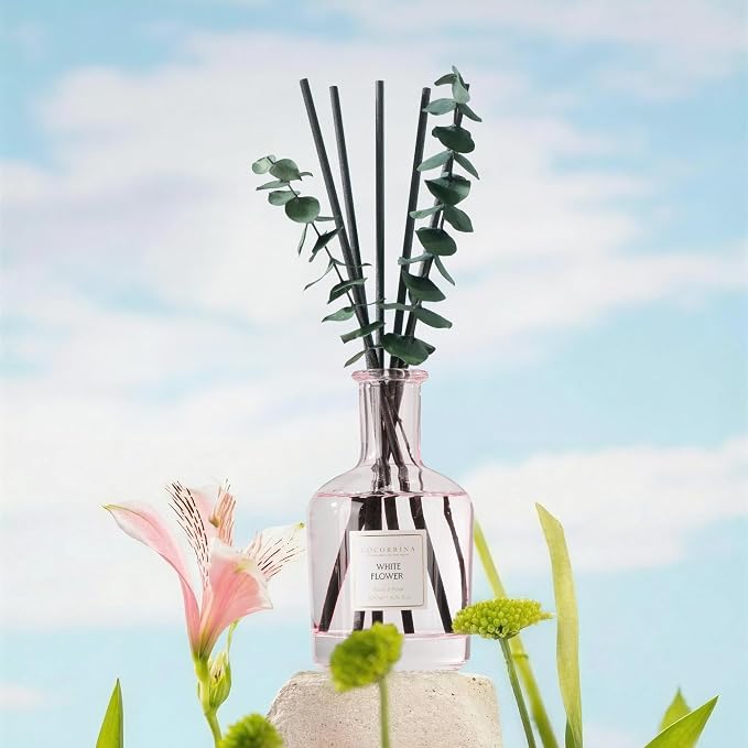 White Flower Reed Diffuser, 6.76 oz | Real Dried Eucalyptus Leaves, 8 Reeds, Long-Lasting Essential Oil, Home Fragrance, Bedroom or Bathroom Décor