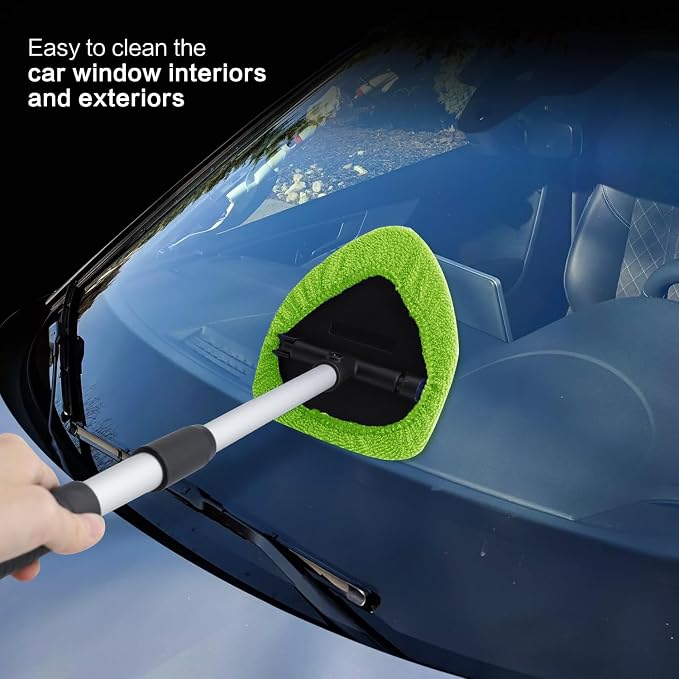 Windshield Cleaner Tool 22.5" L - Car Interior&Exterior Window Cleaning Kit with Extendable Handle&4 Microfiber Pads and Thick Large Wash Sponge, Auto Glass Wiper Brush Kit for Cars Home (7pcs Green)