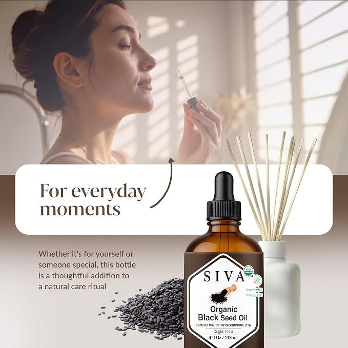 SIVA ORGANICS Black Seed Carrier Oil with Dropper, 4 Fl Oz (118 ml) | Organic Black Seed Oil for Hair Care, Hair Oiling, Scalp Massage, Skin Care, Body Massage & DIY Recipes in Glass Bottle