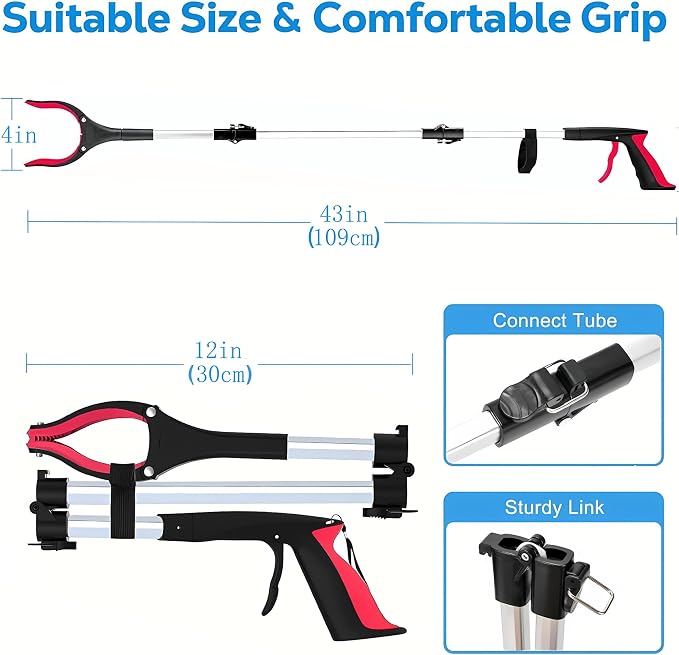 Grabber Reacher Tool - 43” Extra Long Foldable Gripper and Reaching Tool - Heavy Duty Pick Up Stick Grabbers for Seniors, Trash, Surgery Recovery Must Haves Gifts (Red-43in)