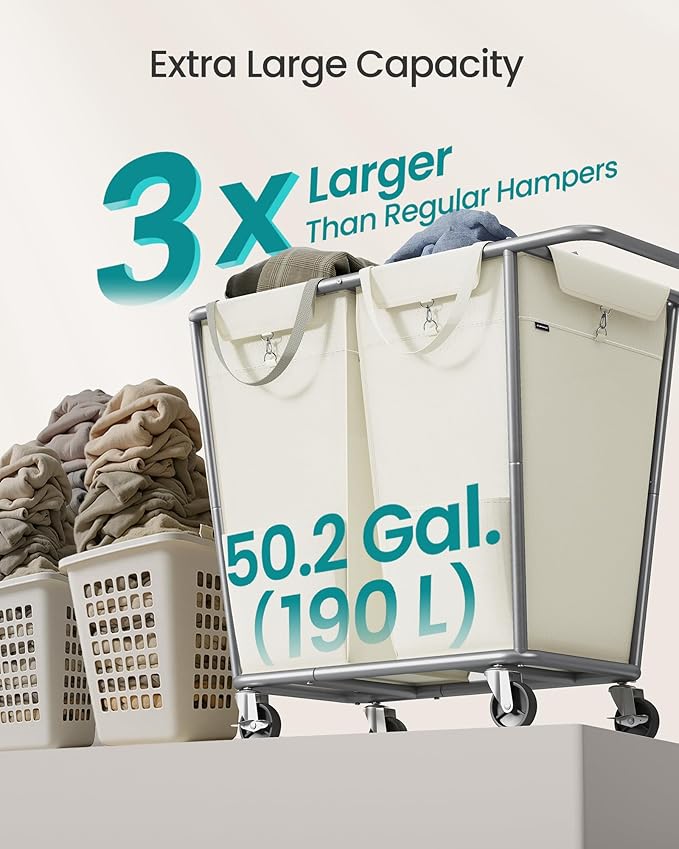 SONGMICS Laundry Basket with Wheels, 50.2 Gallons (190 L), 2-Section Rolling Laundry Hamper with Removable Bags, Heavy-Duty Steel Frame with Handle, Cream White URLS009W01