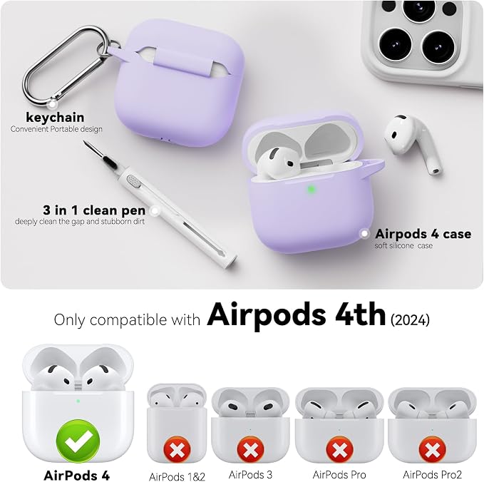 for AirPods 4 Case 2024 with Cleaner Kit & Keychain-Purple | Silicone Protective Cover for Apple AirPods 4th Generation Case,for Women Men,One-Piece Design,Shockproof,Dust Proof