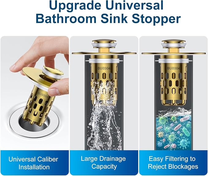 Bathroom Sink Drain Strainer,All Metal Pop-Up Sink Stopper with Removable Stainless Steel Filter Basket, Universal Bathroom Hair Catcher Fit for 1.1-2.36'' Drain (Gold, 1 Pack)
