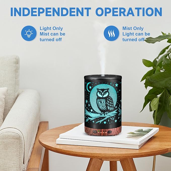 Essential Oil Diffuser 120ML Metal Aromatherapy Diffuser with Timer, Cool Mist Humidifier with Auto Shut-Off & 7 Color Lights for Home Office Spa (Owl)