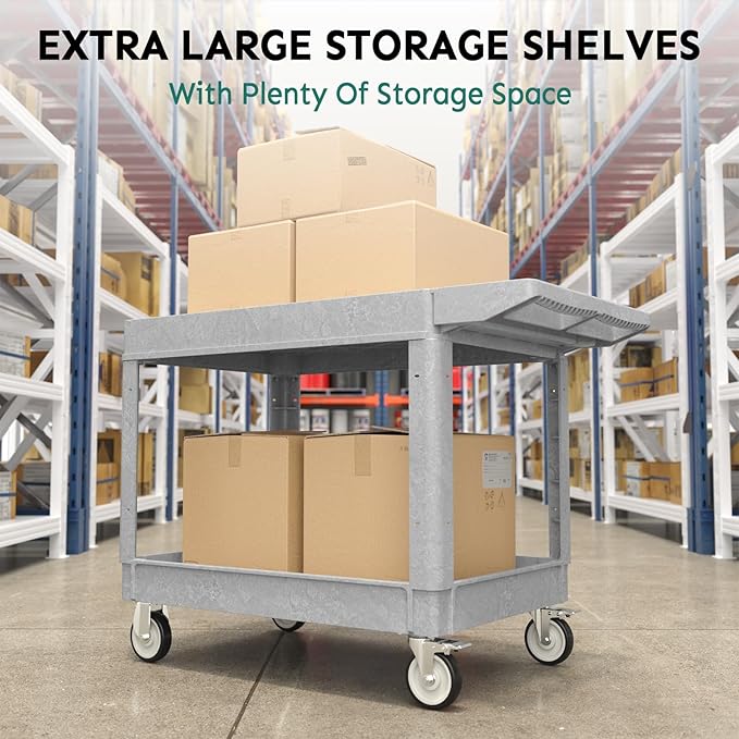 Utility Cart on Wheels, Heavy Duty Large Flat Top Rolling Service Cart, 46 x 25 Inch Work Carts, 2 Shelf 1000 lbs Capacity Plastic Tool Cart, for Warehouse, Garage, Cleaning, Gray