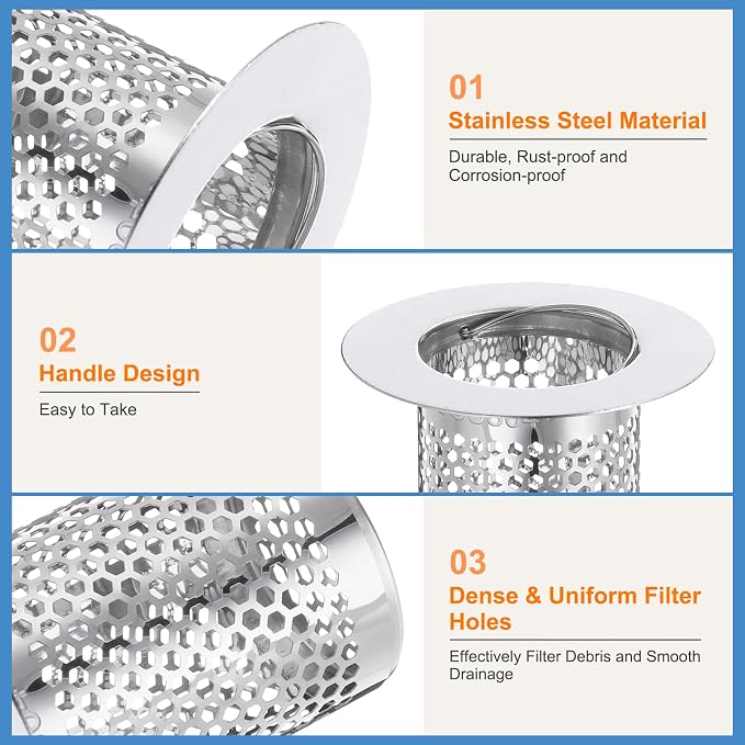 uxcell 3 Pack Shower Drain Strainer, 2" x 2" Stainless Steel Floor Drain Strainer Deep Sink Hair Catcher for Kitchen Bathroom Balcony Floor Drain, Fit Hole Size from 1.18" to 1.97"