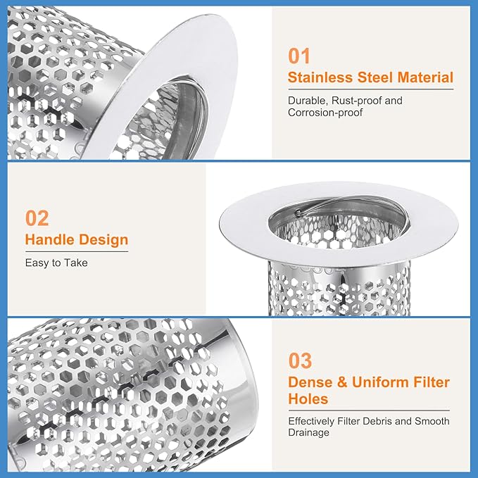 uxcell 2 Pack Shower Drain Strainer, 2" x 2.5" Stainless Steel Floor Drain Strainer Deep Sink Hair Catcher for Kitchen Bathroom Balcony Floor Drain, Fit Hole Size from 1.57" to 2.56"