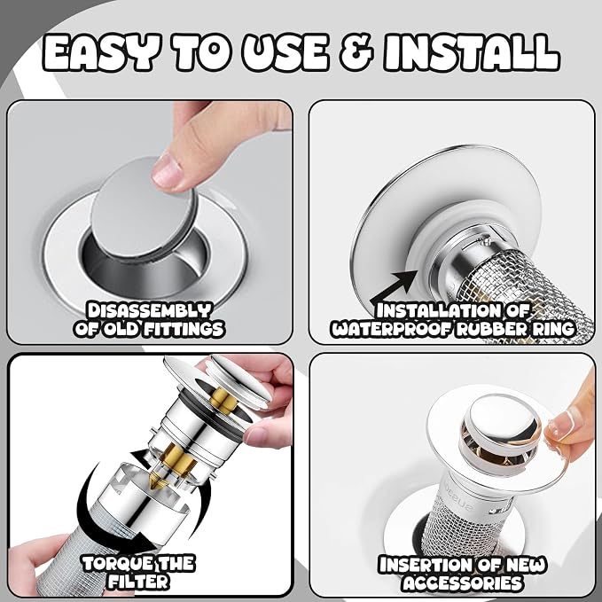 3Pcs Bathroom Sink Drain Strainer Hair Catcher, Stainless Steel Drain Stopper, Stainless Steel Floor Filter for Bathroom Sink Stopper Replacement