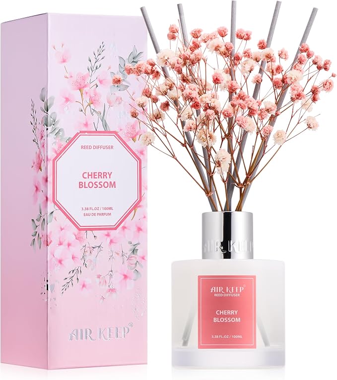 Reed Diffuser Set, 3.38 fl oz (100 ml) - Cherry Blossom Oil Diffusers with 8 Reed Sticks, Home Fragrance Reed Diffuser for Bathroom Shelf Decor