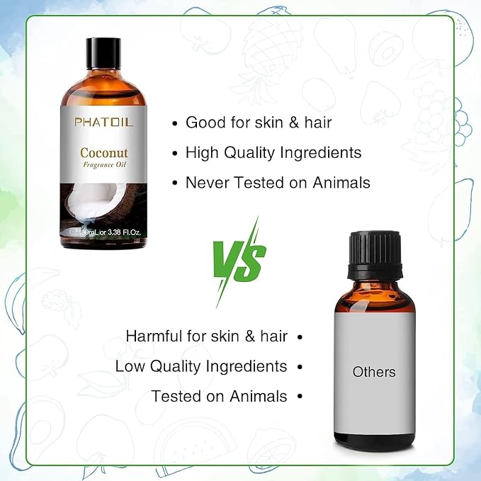 PHATOIL Coconut Fragrance Oil for Diffuser Aromatherapy 3.38FL.OZ | Long Lasting Scented Oils For Humidifier, Air Freshener, DIY Soap Candle, Scent Project Making, Aroma Oil for Home Freshening