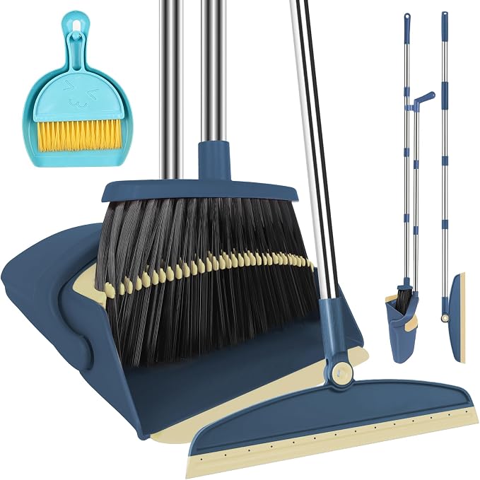 Broom and Dustpan Combo Set, 51" Long Handle with Squeegee & Mini Set | Blue Complete Cleaning Kit, Floor Squeegee for Wet & Dry Messes, Built-in Comb Dustpan, Mini Broom Set，for Home & Pet Areas