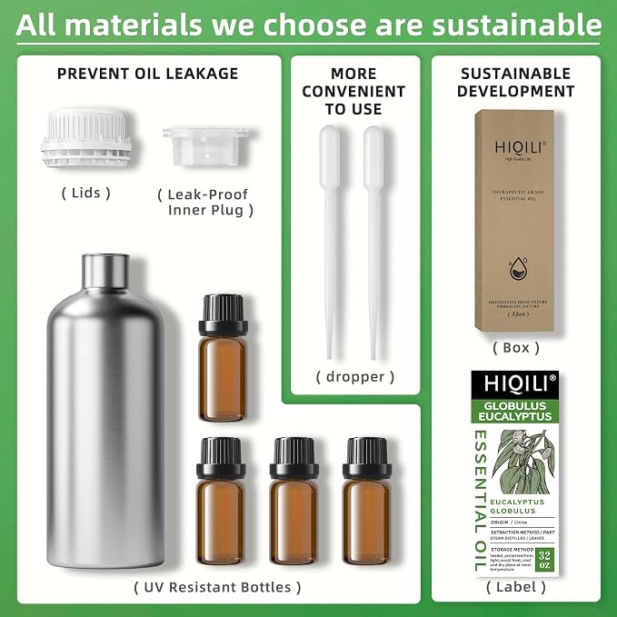 HIQILI Eucalyptus Essential Oil for Spray, Diffuser & Skin | with Four Travel Vials, Massage and DIY Creations, Diffuse for a Clear Surrounding —1000ml / 32 fl oz