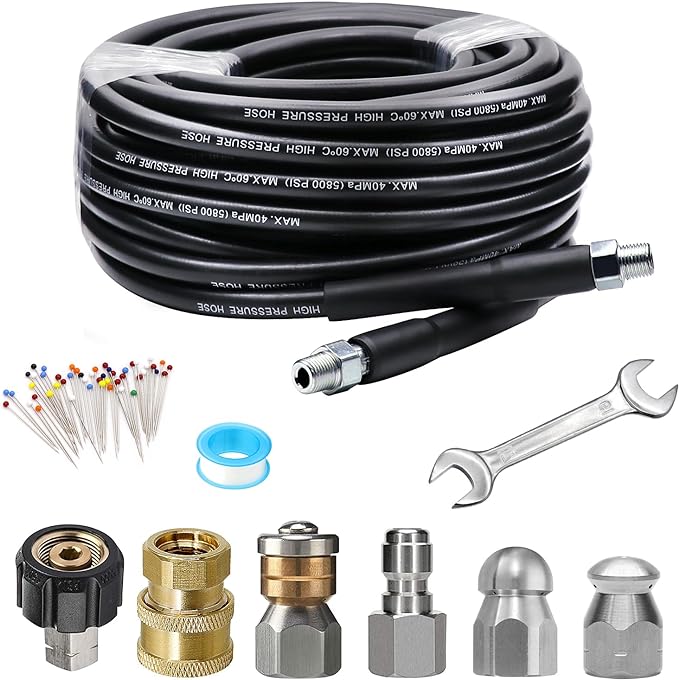 WEST BAY Sewer Jetter Kit 25 FT for Pressure Washer, 5800 PSI Drain Cleaner Hose 1/4 Inch NPT Corner Rotating and Button Nose Sewer Jetting Nozzle Spanner WatertightTape Pearl Corsage Pin