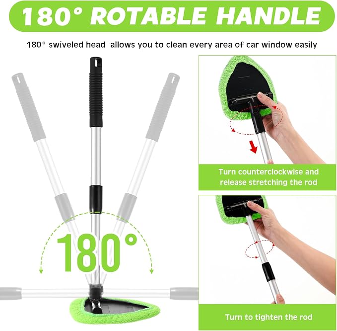 Potchen 8pcs Car Windshield Cleaner Tool with Extendable Handle, Green | with Microfiber Towel Pads, Brush, Empty Spray Bottle, Car Window Cleaner for Auto Glass Wiper Suvs Rvs & Home Windows