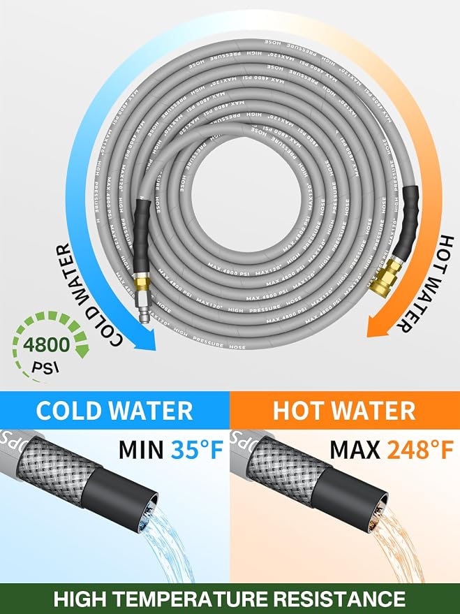 3/8" 4800PSI Pressure Washer Hose 125FT with Swivel Quick Connect for Cold/Hot Water Max 248°F, Kink Resistant Steel Wire Braided, Wear Resistant Power Washer Hose with M22 14mm Adapter