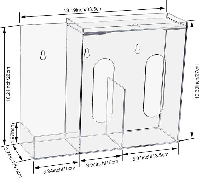 SEANADO Face Mask Dispenser 3 Compartment Acrylic Glove Box Holder Hygiene Station for Disposable Face Masks, Emesis Bag, Shoe Cover and Hairnet, Wall Mount Holes or Tabletop Holder （Clear）