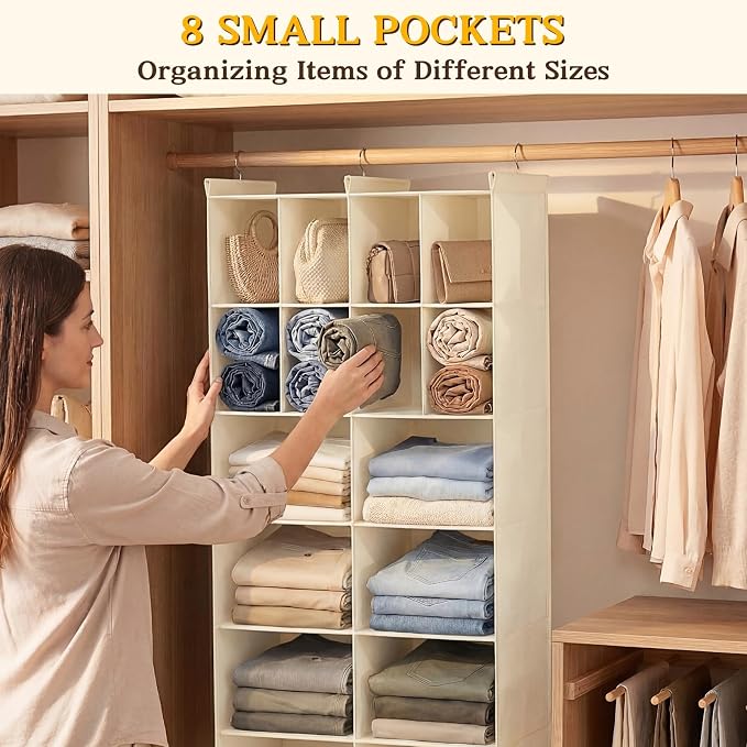 6 Tier Hanging Closet Organizer, 16 Compartments Dual Row Storage, Beige | Closet Organizers and Storage with Large & Small Pockets, 3 Sturdy Hooks Support Heavy Loads, Ideal for Dorm, Garment Rack
