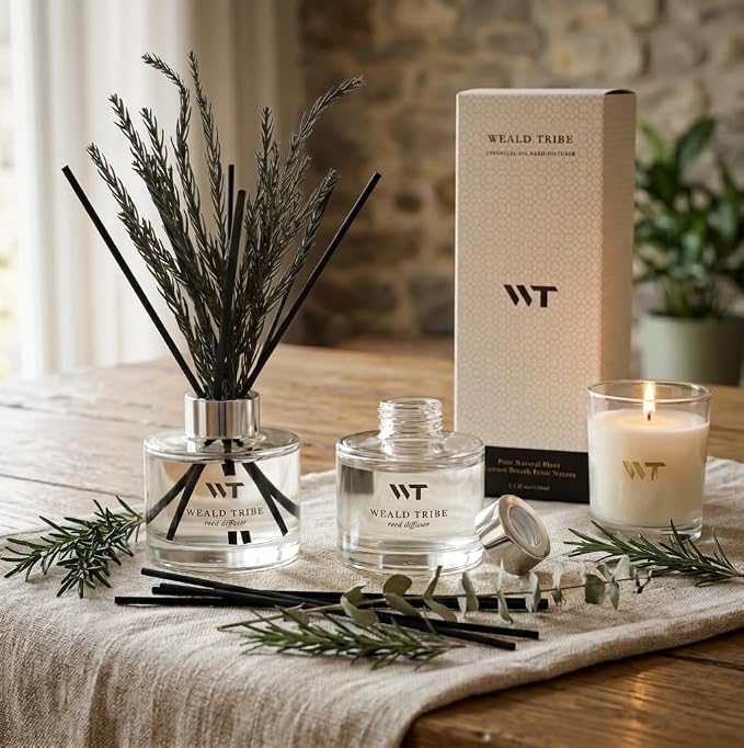 Flower Reed Diffuser Set Balsam Fir Scent for Bathroom Accessories Shelf Decor & Air Fresheners, Fresh Air Sticks Defusers with 5.1 fl oz Essential Oils, House Office Decor & Gifts