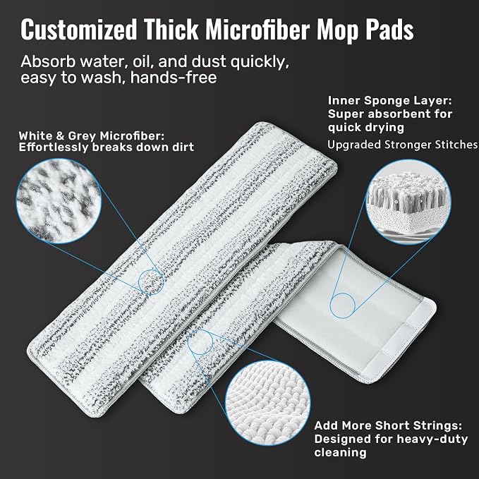 HoMettler Mop and Bucket Set, 3-Tank Flat Mop and Bucket System for Separate Dirty & Clean Water, 65" Mops for Floor Cleaning with 8 Washable Pads, Safe for Hardwood, Vinyl, Tile, Baseboards, Walls