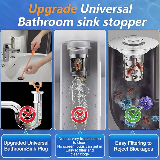 2 Pack 3-in-1 Universal Sink Drain Strainer,Muyiajou Pop Up Stopper with Hair Catcher, Stainless Steel Replacement Plug with Removable Filter Basket for 1.1" to 2.36" Bathroom Sink Basin (2, Silver)