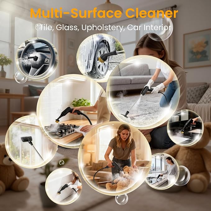 Granarbol Steam Cleaner, 2500W 1.6L Handheld Steamer for Home Car Cleaning | 10s Heat-up, 19pcs Accessories, 3 Levels, Chemical-free Cleaning for Kitchen, Floor, Bathroom, Car Interior, Black & White