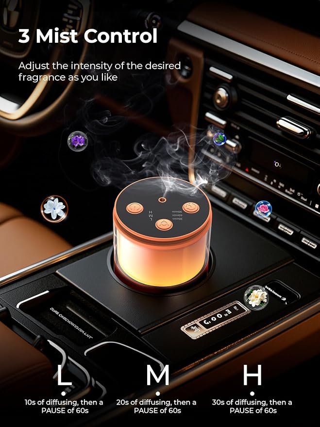 Waterless Essential Oil Diffuser: 𝟗-𝐂𝐨𝐥𝐨𝐫 𝐋𝐄𝐃 Orange | Portable Scent Diffuser - No Water No Heat For Pure Aroma - 48H Battery 3 Mist Levels & 4 Timers for Car Office