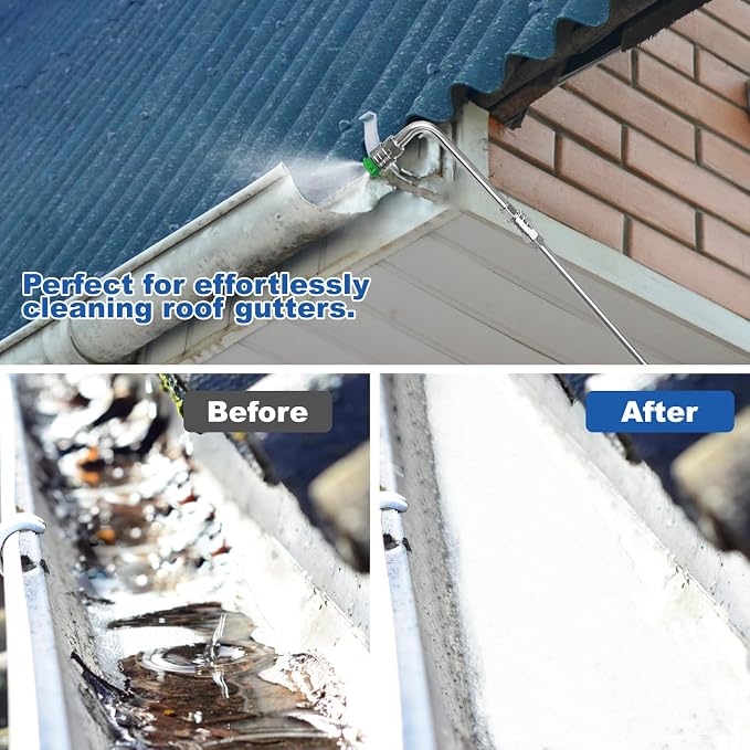 Pressure Washer Extension Wand Gutter Cleaning 8 FT Garden Hose Adapter, Upgarded Soft Handle 6 Nozzle Tips 3 Curved Rod for Gutter, 1/4" M22-14mm Fitting 3/4" GHT Connector DUS2612