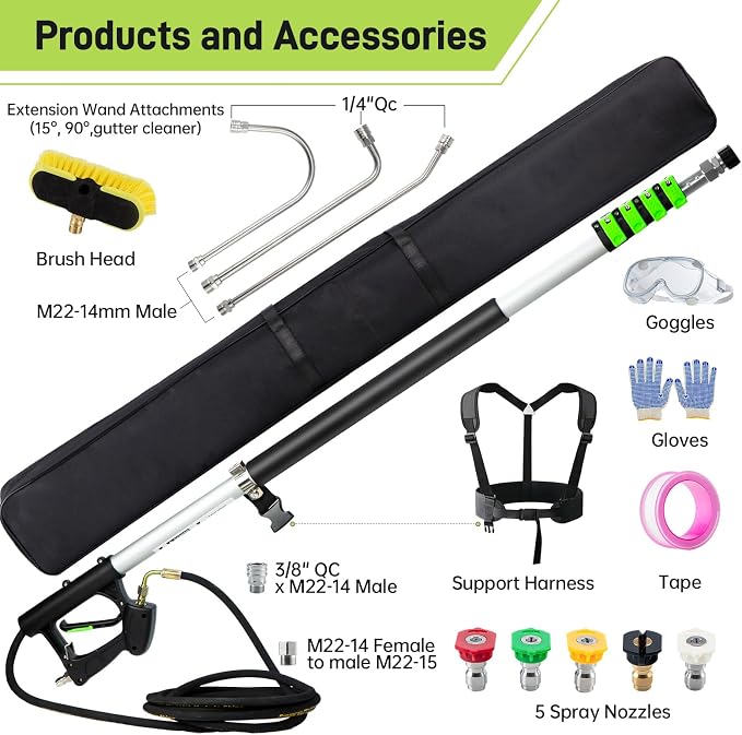 TOR 24 FT Telescoping Pressure Washer Wand with Pressure Washer Extension Wand,Gutter Cleaner Attachment, Pressure Washer Telescoping Wand with 5 Spray Nozzle Tips, 2 Hose Inlet Adapters, Brush Head