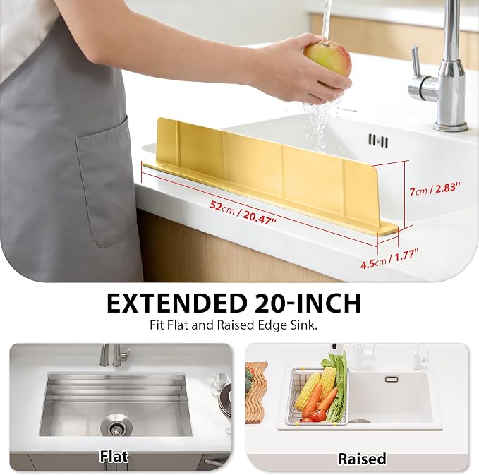 20Inch Silicone Sink Splash Guard with Strong Suction Cups, Flexible Kitchen Sink Splash Guard for Front/Back of Sink, Easy to Clean Splash Guard for Kitchen & Bathroom (Yellow, 20.5''x2.8'')
