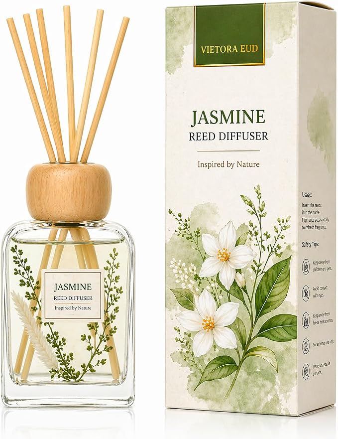 Jasmine Reed Diffuser, 3.4 Fl Oz | Floral Scent Fragrance Oil Lasts for 12 Weeks Air Fresheners for Bedroom, Bathroom, Living Room or Office; Gift-ready