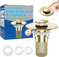 Bathroom Sink Drain Strainer, Pop-Up Bathroom Sink Stopper with Removable Stainless Steel Hair Catcher Basket, Universal Fit for US Bathroom Sinks, Showers & Floor Drains (1pcs-Gold)
