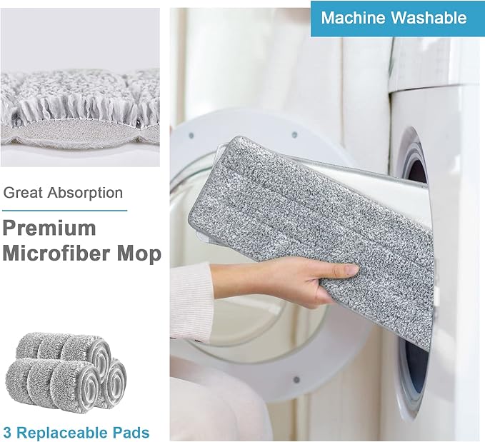 BOSHENG Mop and Bucket with Wringer Set, Hands Free Flat Floor Mop and Bucket, 3 Washable Microfiber Pads Included, Wet and Dry Use, Home Floor Cleaning System for All Floor Types and Windows