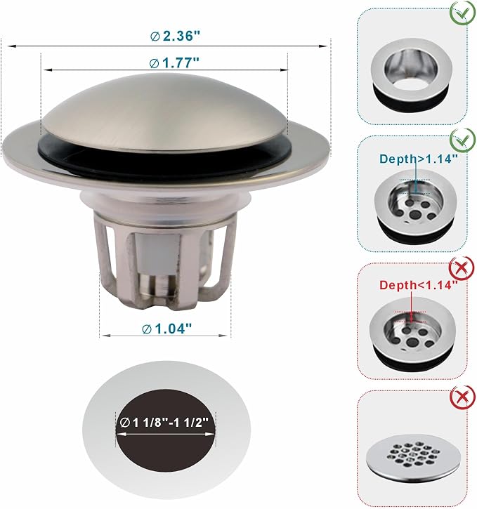 WELSAN Brushed Nickel Sink Stopper Bathroom Drain 1 1/8"-1 1/2", 2 Pack | Bathroom Sink Stopper Replacement, Universal Pop-Up Drain Stopper Plug Strainer with Hair Catcher, Anti-Clogging Design