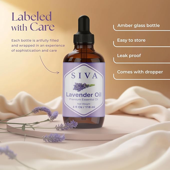 Siva Lavender Essential Oil, Glass Bottle with Dropper, 4 Fl Oz (118 ml) | Lavender Oil for Diffuser, Humidifier, Linen Spray, Skin Care, Hair Care, Body Massage, Soap, Candle, Bath Salt & DIY Blends