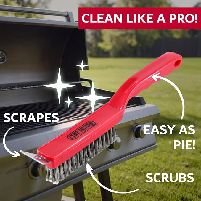 Chef Master Commercial Grill Brush with Scraper Head – Heavy-Duty Wire Bristle Cleaner - Commercial Grill Cleaner - Ergonomic Handle, Tool & Accessories - 90044