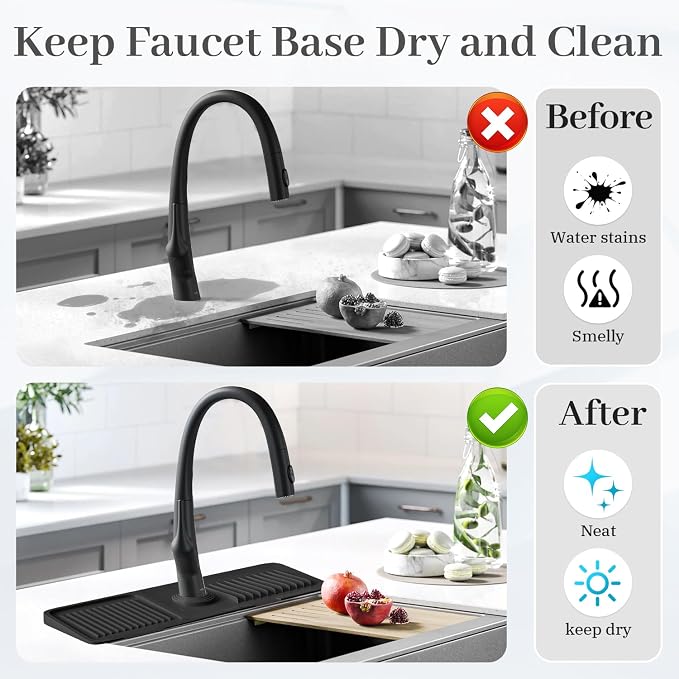 PoYang 17.7 Inch Faucet Mat for Kitchen Sink Splash Guard Behind Faucet, Sink Protectors for Kitchen Sink Faucet Mat Splash Guard for Kitchen Sink Area, Long Silicone Faucet Guard Draining Mat, Black