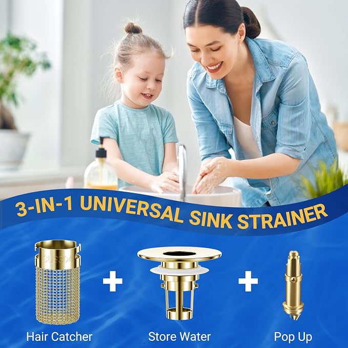 Bathroom Sink Drain Strainer, Pop-Up Bathroom Sink Stopper with Removable Stainless Steel Hair Catcher Basket, Universal Fit for US Bathroom Sinks, Showers & Floor Drains (1pcs-Gold)
