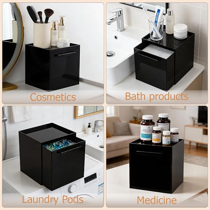 Anyoifax Disposable Face Towels Holder with 2 Pack Qtip Holders, Black | Acrylic Box Bin Compatible with Clean Skin Club Clean Towelettesl XL Bathroom Counter Storage with Drawer