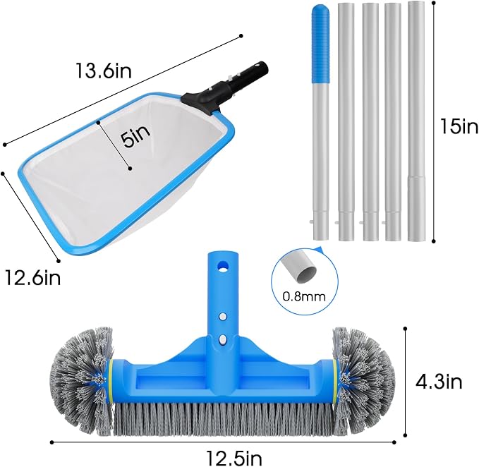 TidyMister 3PCS Pool Cleaning Kit - 12.5'' Pool Brush Round & 11'' Pool Skimmer Net Fine Mesh & 5.7 Feet Thick Aluminum Pole 5-Segment, for Above Ground & Inground Pools Ponds