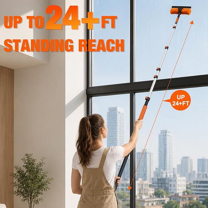 30FT Window Squeegee with Extension Pole, 2-in-1 Squeegee for Window Cleaning, Professional Cleaning Kit for Home with 24FT Telescoping Pole for Outdoor Indoor Use
